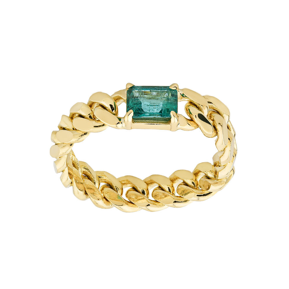 14K Yellow Gold, Cuban Chain Emerald Ring