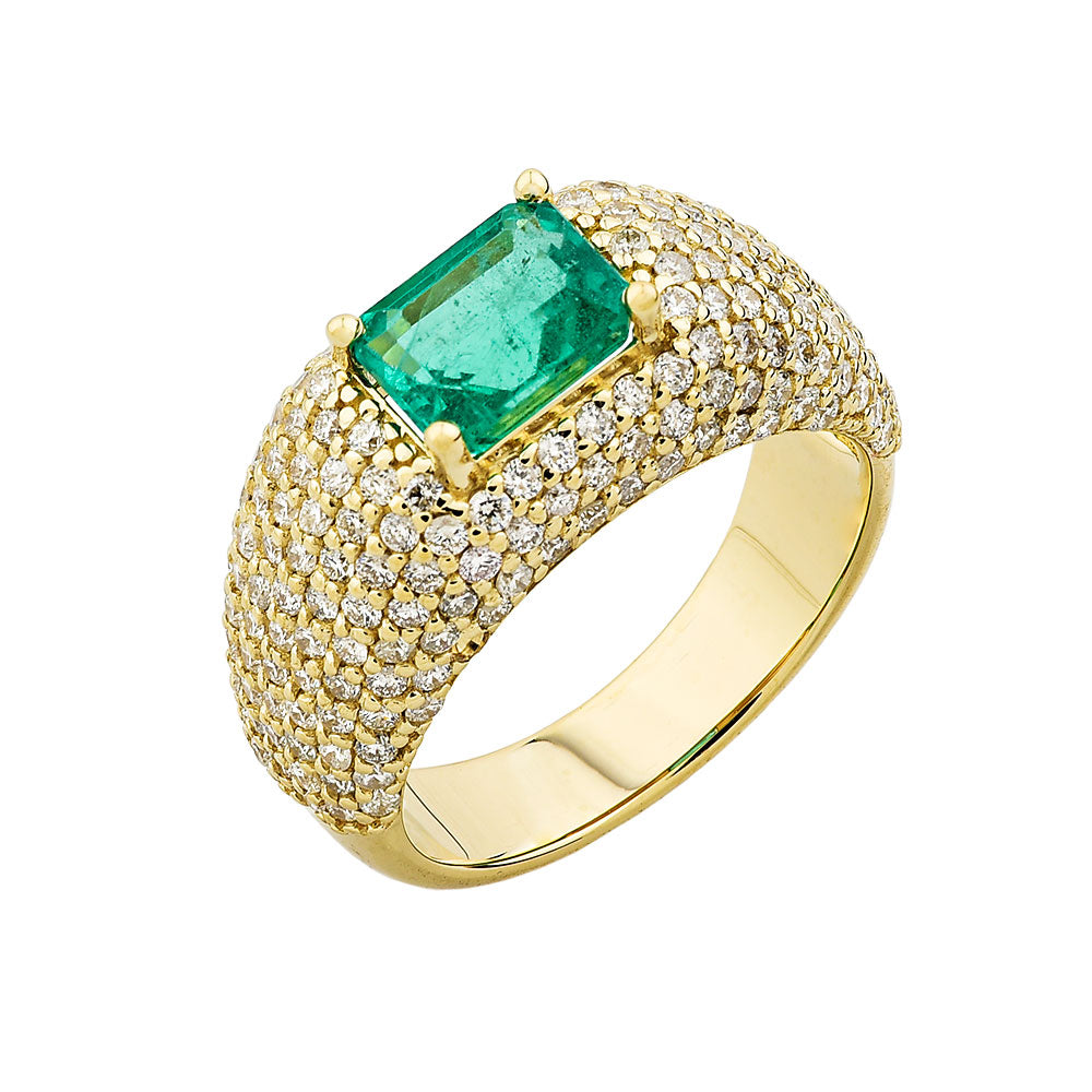 14K Yellow Gold, Emerald Cut Emerald Bomber Ring w/ Diamonds