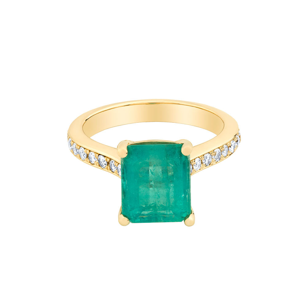 14K Yellow Gold, Emerald Cut Emerald Ring w/ Diamonds