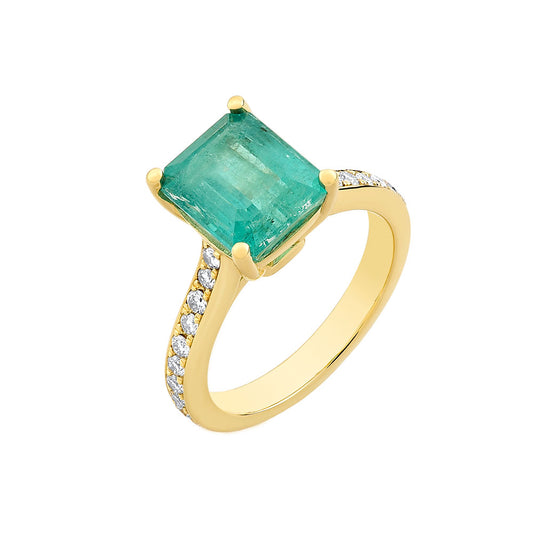 14K Yellow Gold, Emerald Cut Emerald Ring w/ Diamonds