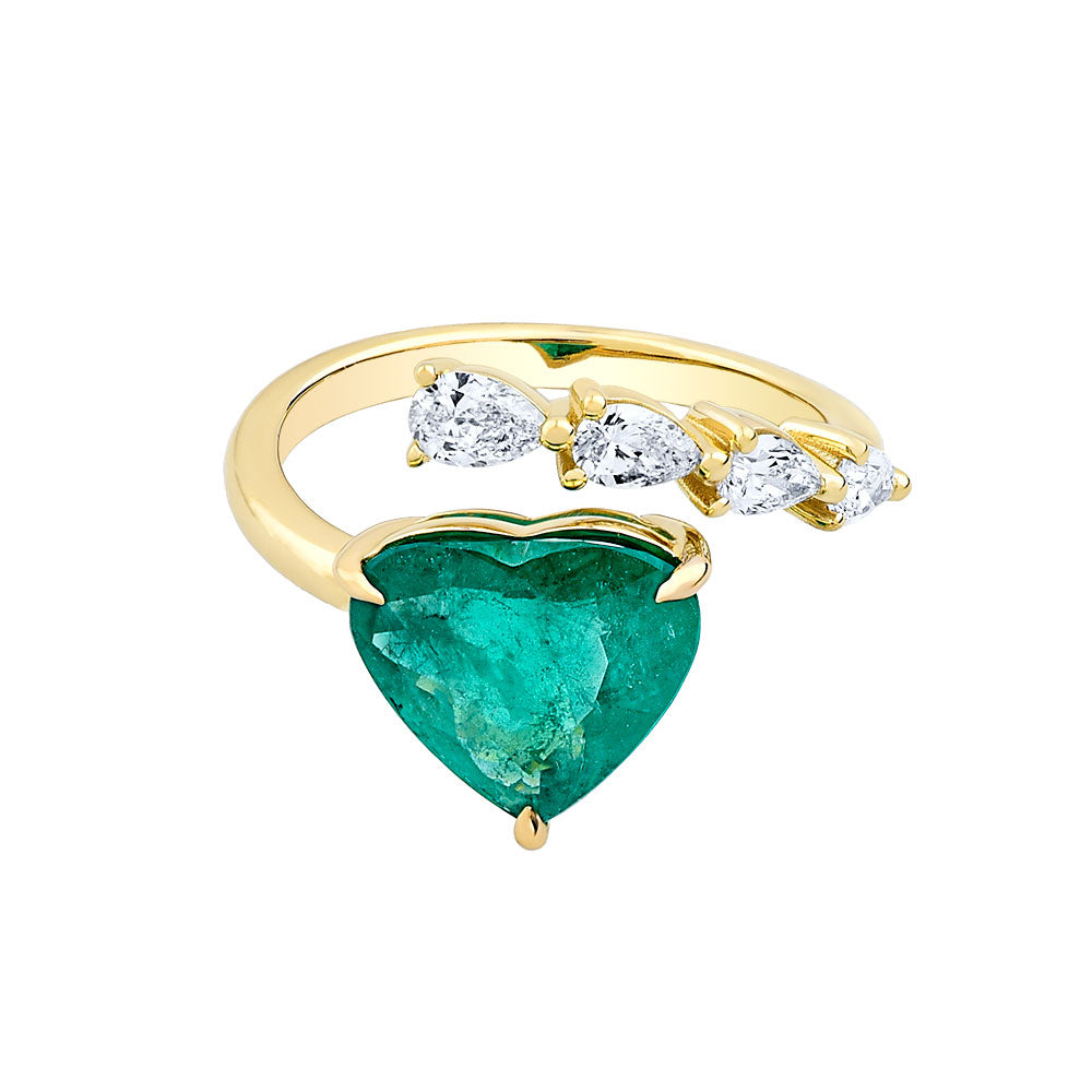 14K Yellow Gold, Heart Shaped Emerald w/ Pear Shape Diamond Ring