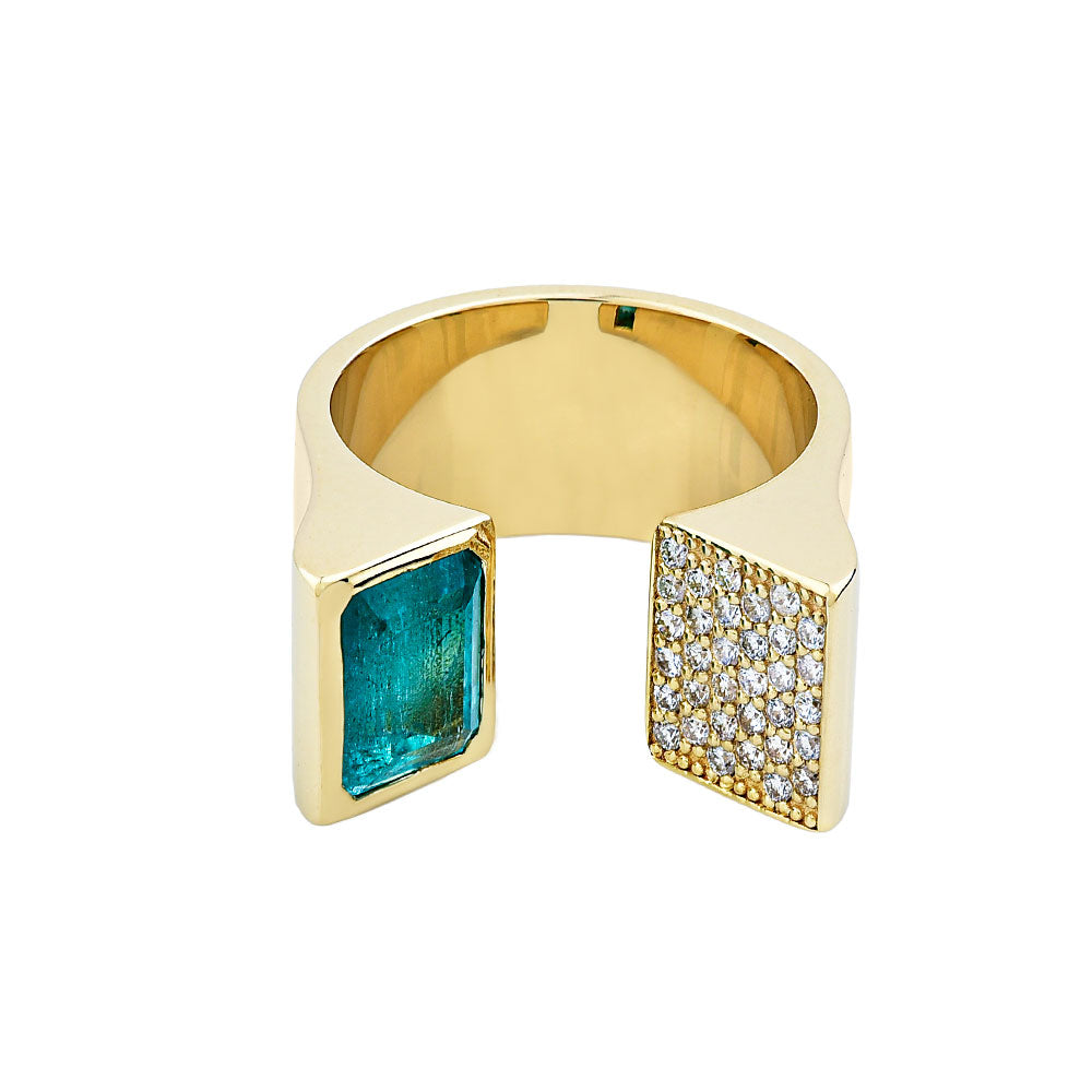 14K Yellow Gold, One Side Pave Diamonds, One Side Emerald Cut Emerald Ring