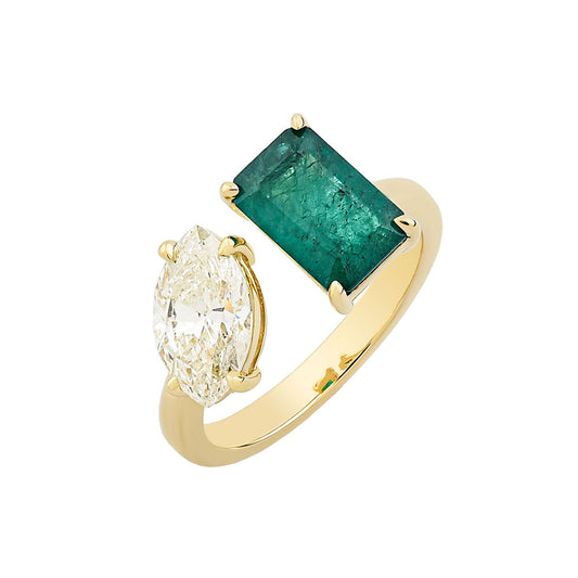 14K Yellow Gold, Marquis Shape Diamond And Emerald Cut Emerald Ring