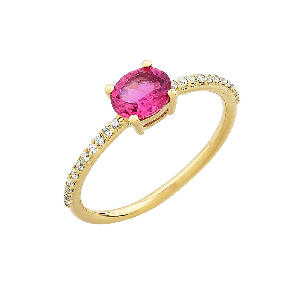 14K Yellow Gold, Pink Sapphire Center w/ Halfway Diamond Ring