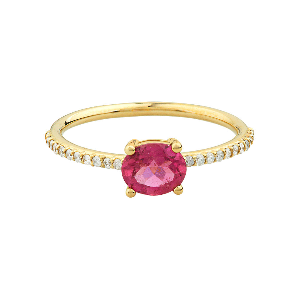 14K Yellow Gold, Pink Sapphire Center w/ Halfway Diamond Ring