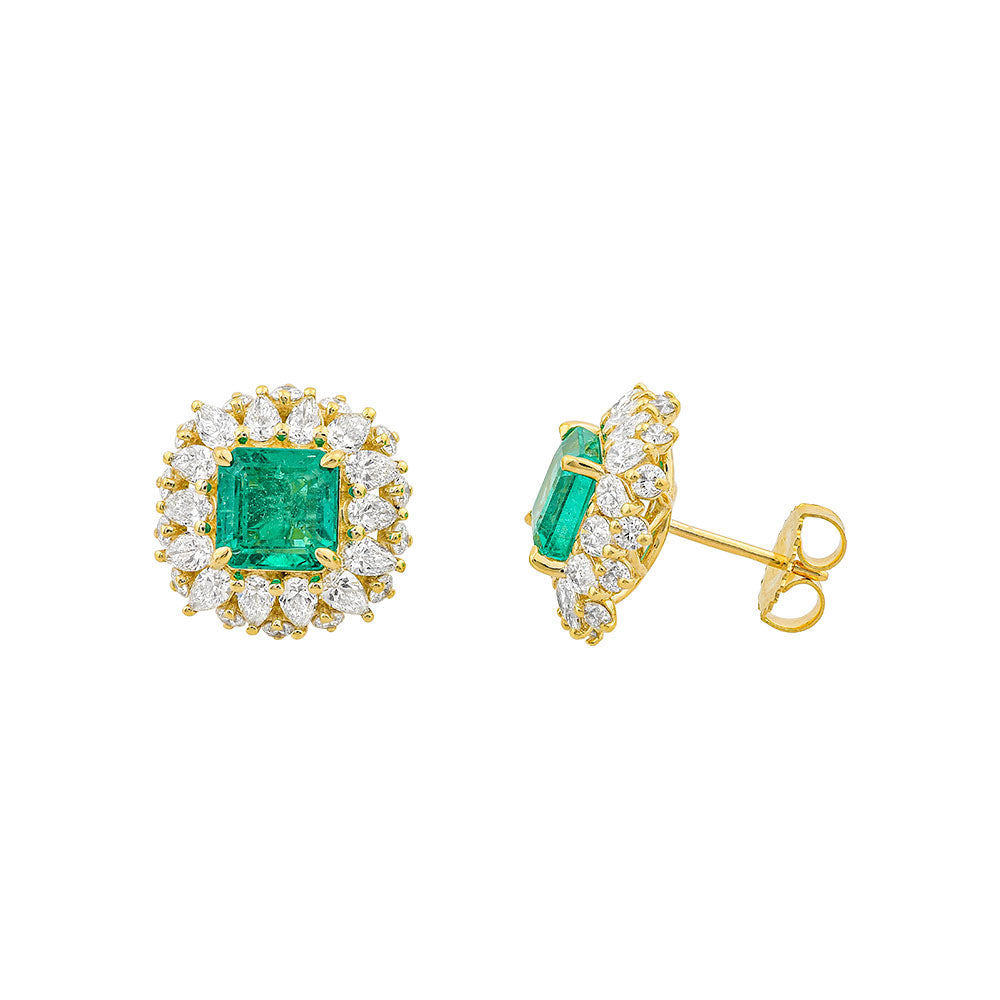 14K Yellow Gold, Princess Cut Emerald , w/ Pear Shape and Round Diamond Earrings