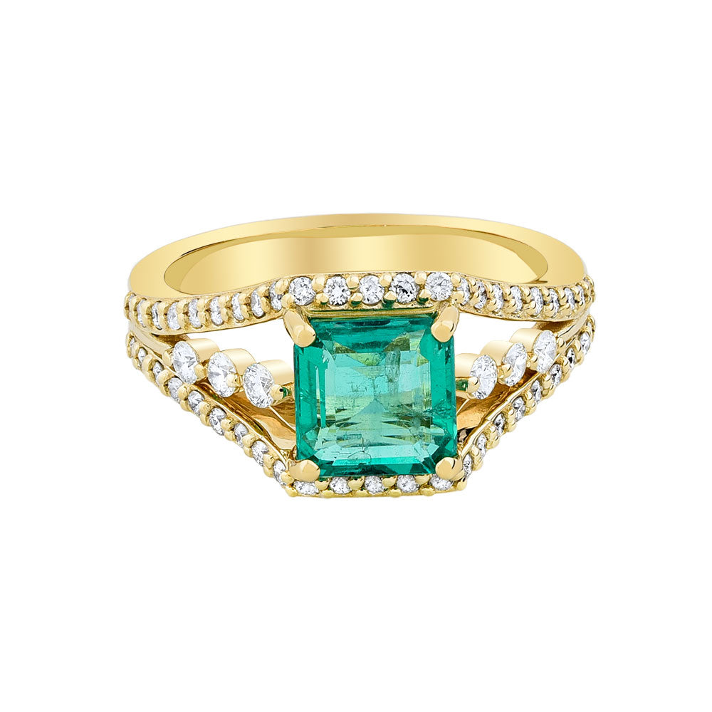 14K Yellow Gold, Princess Cut Emerald w/ Diamond Ring