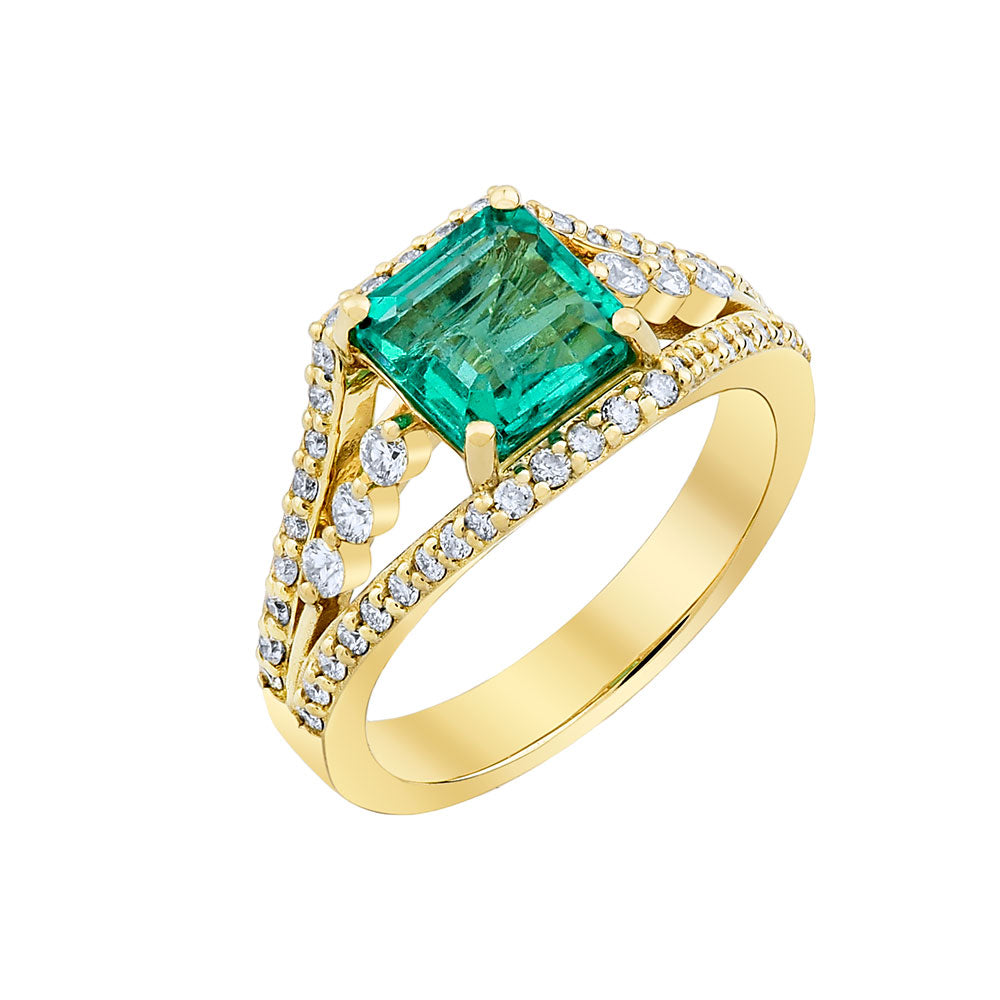 14K Yellow Gold, Princess Cut Emerald w/ Diamond Ring