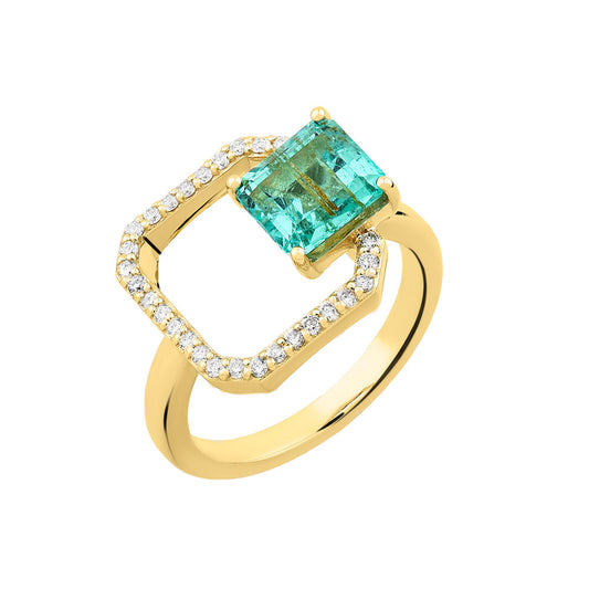 14K YG Princess Cut Emerald Center Open Halo Diamond Ring
