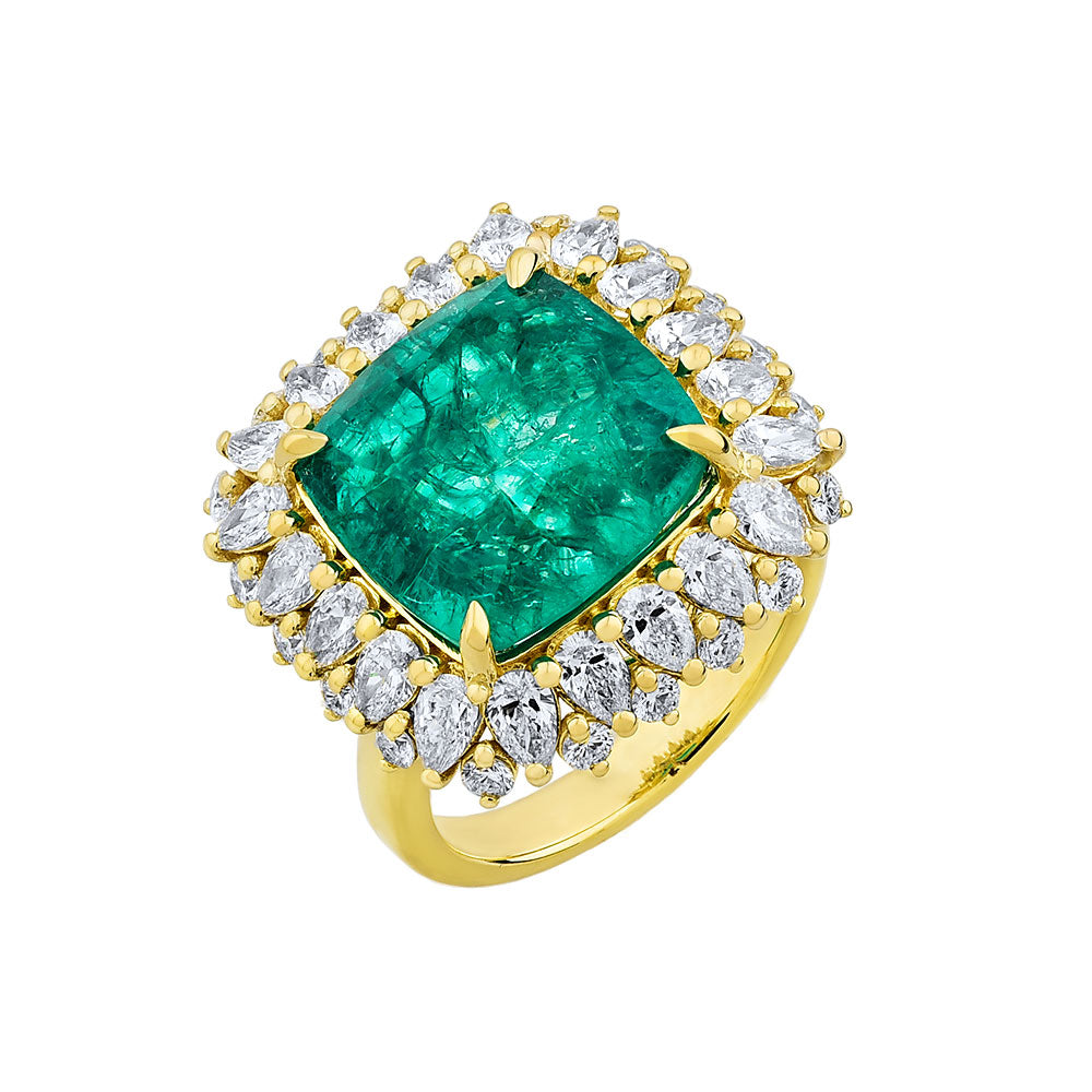 14K Yellow Gold, Princess Cut Emerald w/ Pear Shape and Round Diamond Ring
