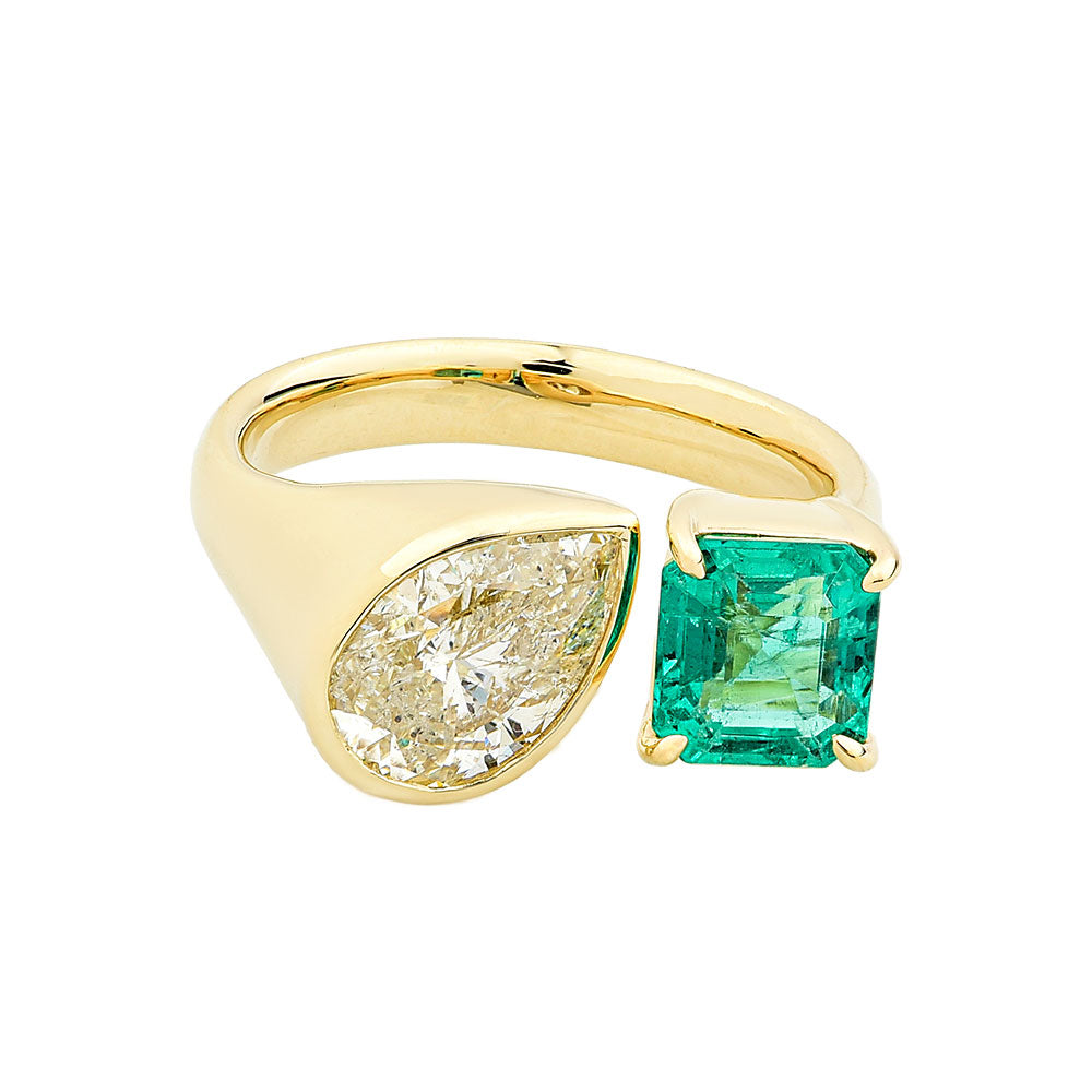 14K Yellow Gold, Pear Shape Diamond and Princess Cut Emerald Ring