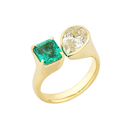 14K Yellow Gold, Pear Shape Diamond and Princess Cut Emerald Ring